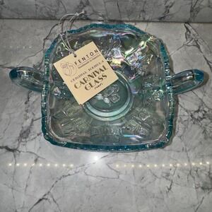 Fenton Blue Butterflies Carnival Glass Handled Bon Bon Candy Dish New